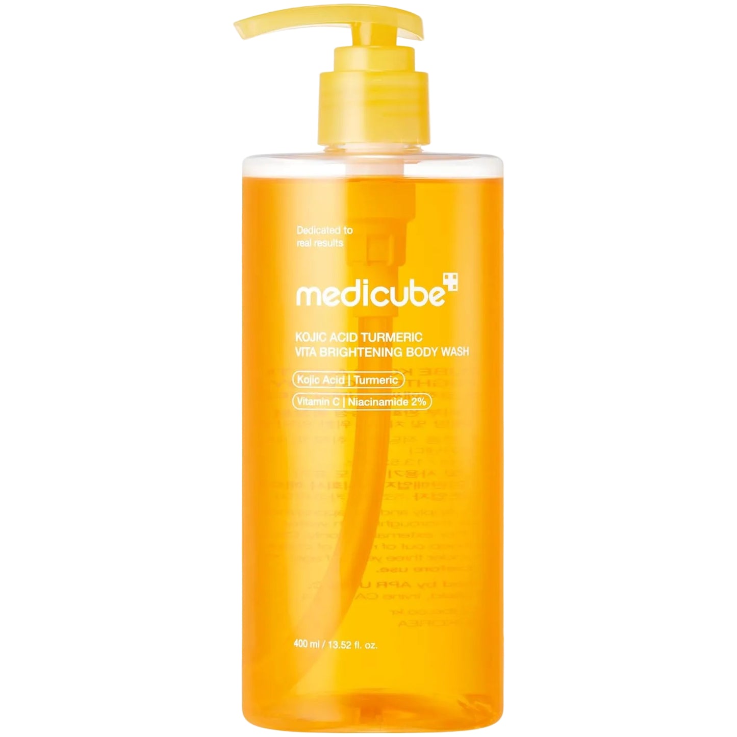 A bottle of Medicube Kojic Acid Turmeric Vita Brightening Body Wash filled with bright orange liquid, featuring a yellow pump dispenser and a circular orange glow behind it on a white background.