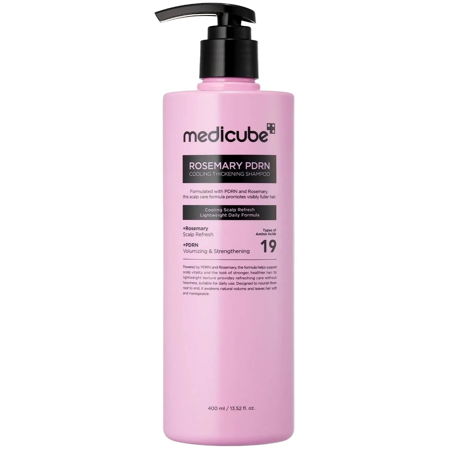 Pink shampoo bottle with black pump labeled 'medicube' on a white background