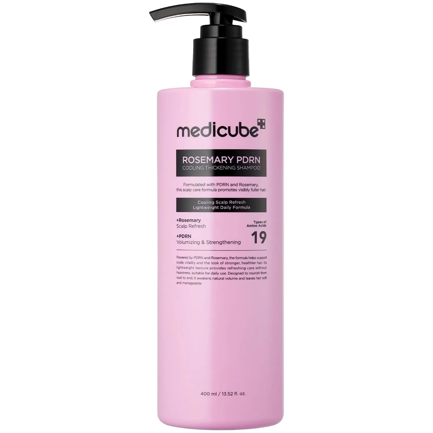 Pink shampoo bottle with black pump labeled 'medicube' on a white background