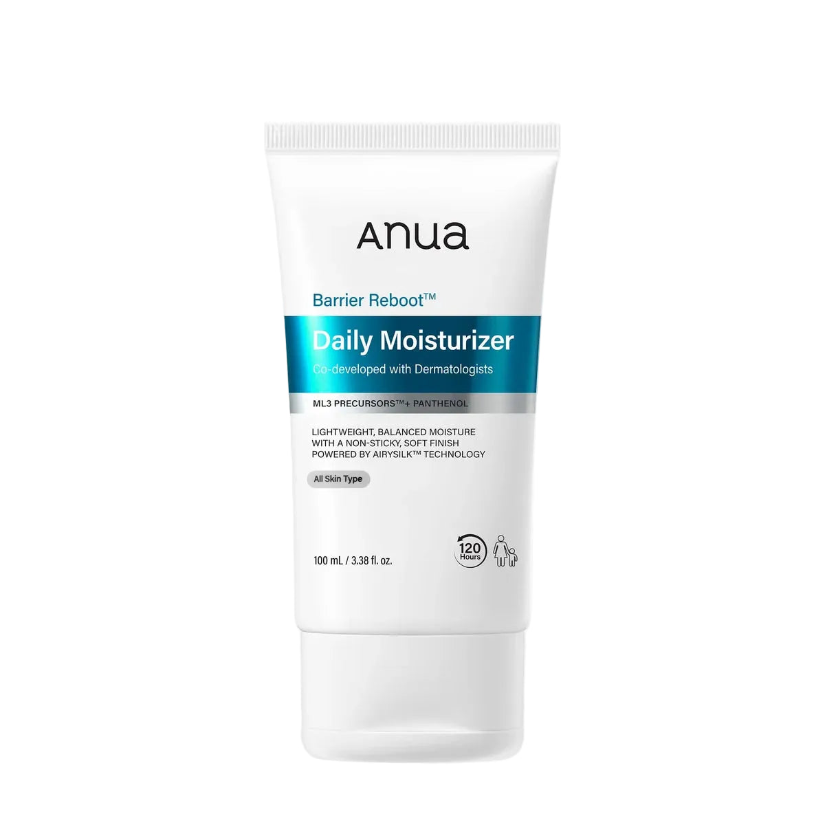 Anua Barrier Reboot Daily Moisturizer in a 100 mL white squeeze tube with a blue and gray label, centered on a light gray background.