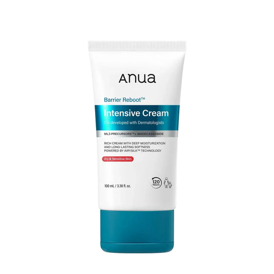 Anua Barrier Reboot Intensive Cream in a 100 mL white squeeze tube with a teal cap, shown on a clean white background.