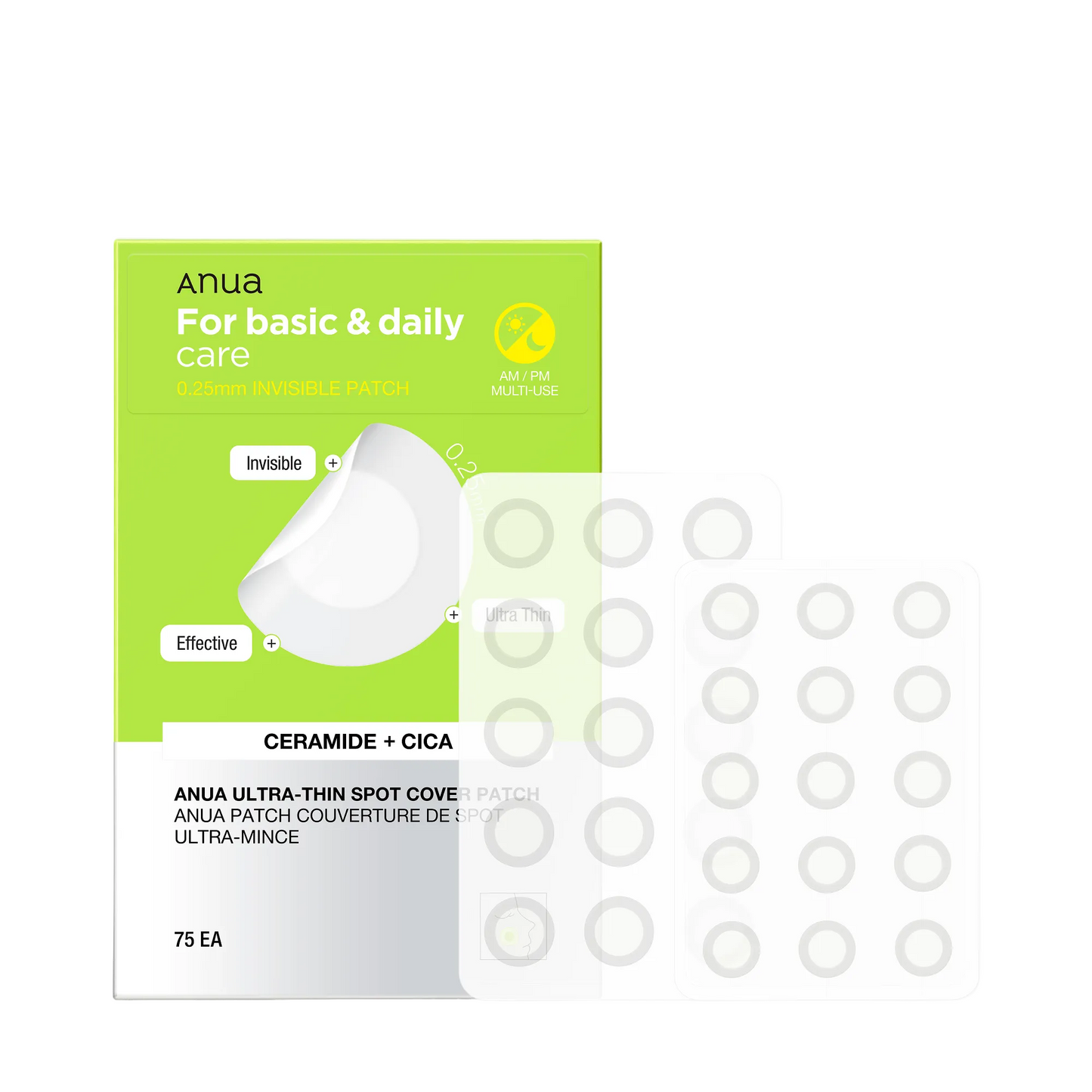 
Anua spot cover patches packaging with green label on a white background